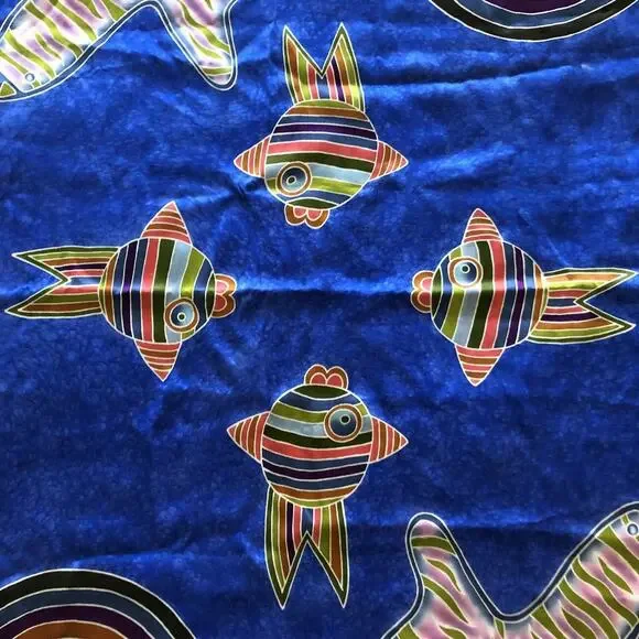 Rainbow Fish Silk Scarf Batik Rolled Edge Poncet Yellow Blue Red Green 31.5" NEW - Picture 6 of 11